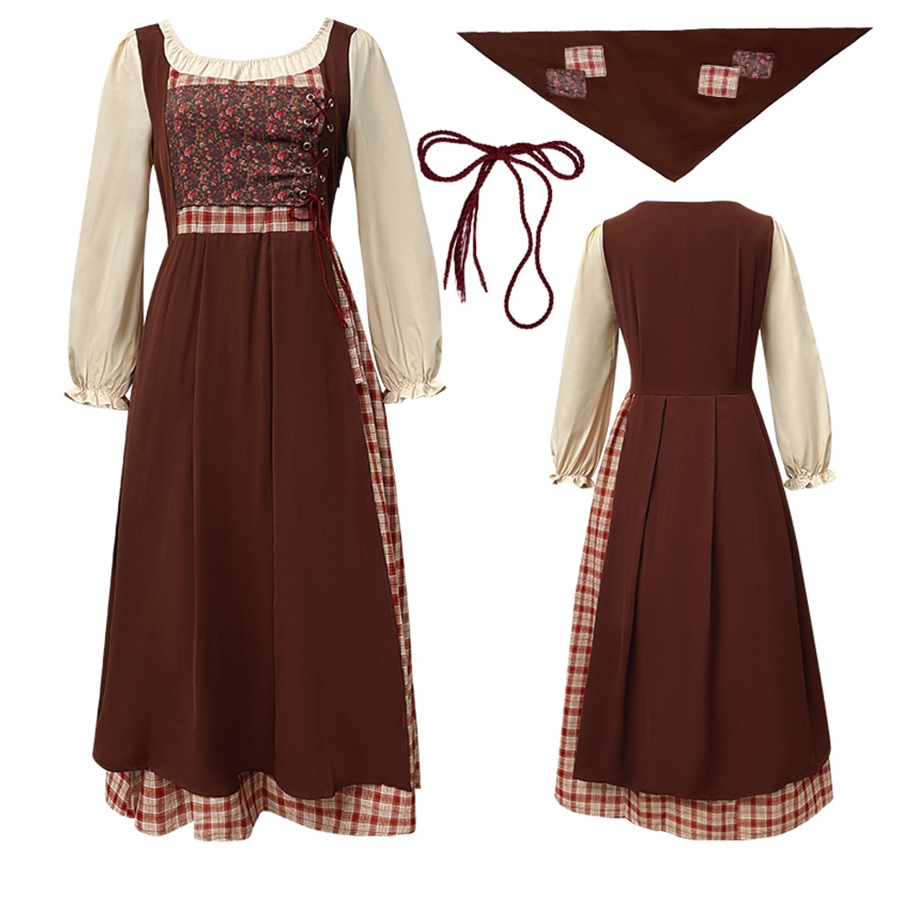 Traditional Dirndl Costume Dress With Cream Long Sleeves And Ankle Length